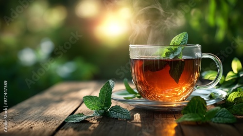 black tea with mint in glass cup on wooden table with green natural blurred background