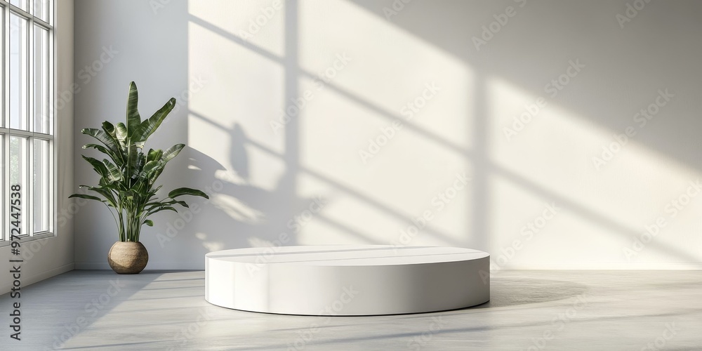 A white round platform in a room with a plant. A white round platform in a room with a plant.