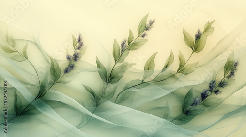 An abstract watercolor design featuring soft lavender buds and swirling green vines, photo