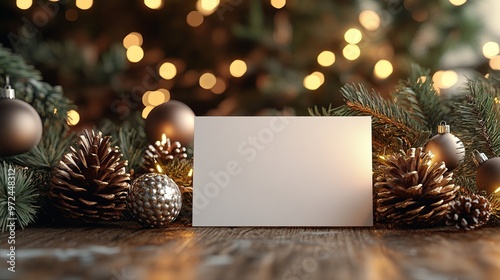 Christmas mockup of a blank holiday card on a rustic wooden table, surrounded by pinecones, ornaments, and a warm, festive atmosphere. 4K hyperrealistic photo.