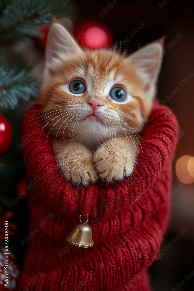 A kitten with big blue eyes sitting inside a red Christmas stocking, A kitten with big blue eyes sitting inside a red Christmas stocking,