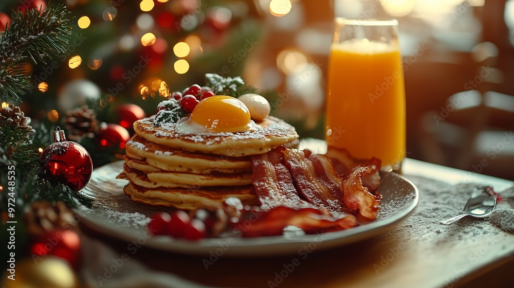 Obraz premium Preparing a festive Christmas breakfast with pancakes, bacon, eggs, and freshly squeezed orange juice. 4K hyperrealistic photo.