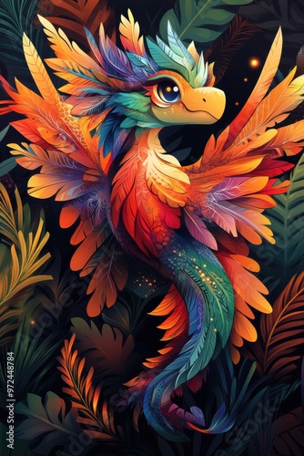 Vibrant mythical bird with colorful feathers surrounded by lush tropical foliage at night