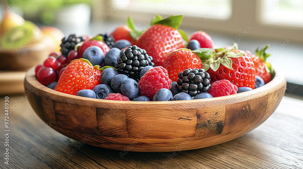 Fruits and berries in a wooden bowl on a kitchen table. Blueberries, raspberries and strawberries. Summer dessert, healthy snack, fruit diet Fruits and berries in a wooden bowl on a kitchen table. Blueberries, raspberries and strawberries. Summer dessert, healthy snack, fruit diet