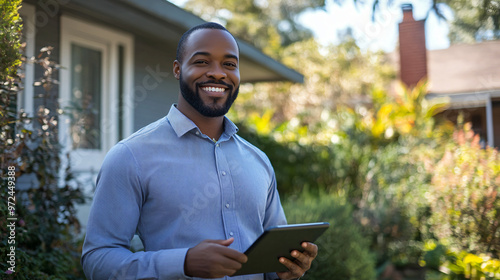 Successful african american real estate agent confidently posing with tablet in front of suburban home, embodying professionalism and achievement in the real estate industry photo