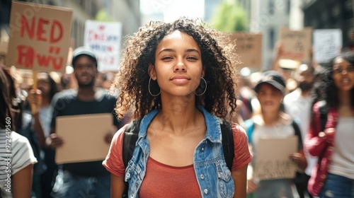 A protest march with diverse individuals holding signs advocating for various social issues, showing solidarity and activism