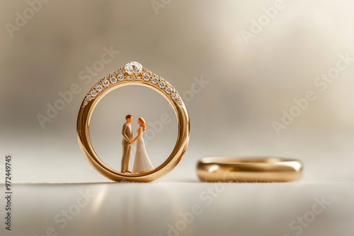 Bride and groom figurines inside the weeding ring, macro shot. Wedding ceremony concept. Wedding couple with golden ring as a symbol of forever love, togetherness, commitment. Save the date card