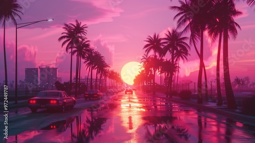 Retrowave. Sunset with palm trees. City in neon lights. Car. Car speed on the road in the night city. Retro wave neon lights noir tinting colors. Futuristic background