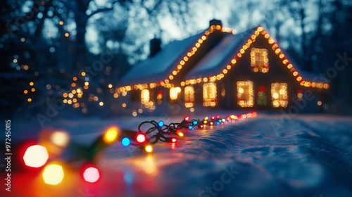 Christmas lights draped across a snowy house, illuminating the night with a colorful display of holiday cheer and twinkling magic. 4K hyperrealistic photo.