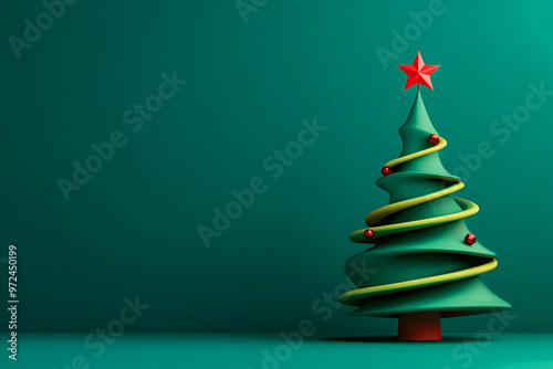 Wallpaper Mural 3D illustration of a green spiral Christmas tree with a red star on top, set against a green background. Copy space. Torontodigital.ca