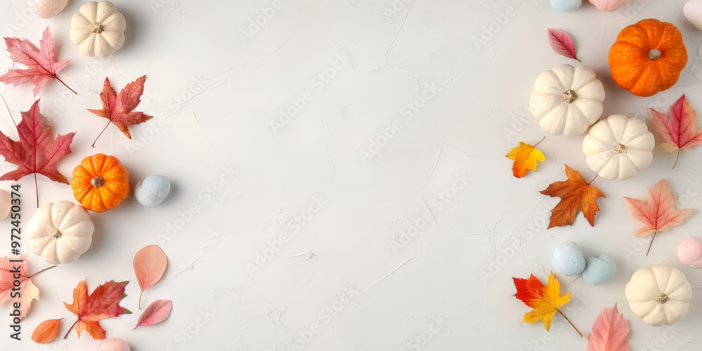 Top view of white and orange pumpkins with autumn leaves on a minimalist background, ideal for Thanksgiving or fall-themed design projects.