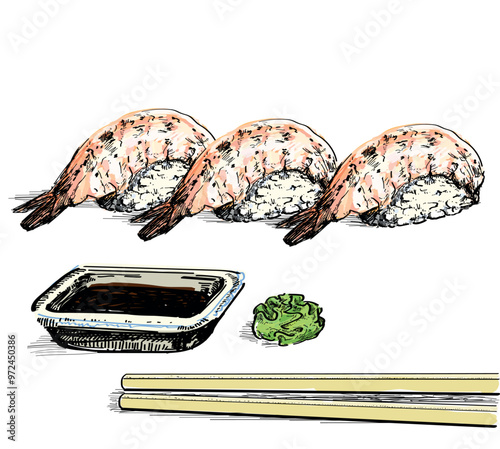 tiger shrimp ebi sushi delicious with wasabi ginger and soy souce  food asian japanees restaurant dish draw linear illustration isolated on white background
