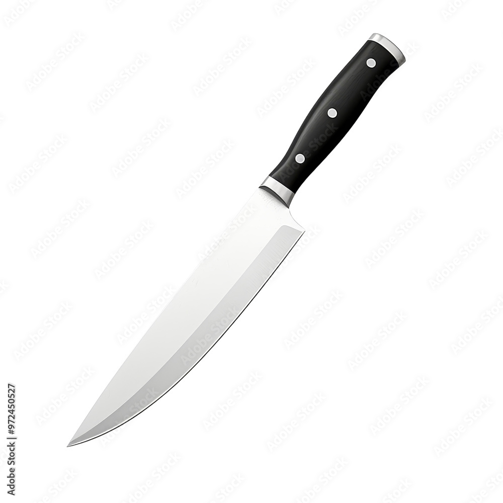 Sharp Kitchen Knife with Black Handle and Silver Accents. Sharp Kitchen Knife with Black Handle and Silver Accents.