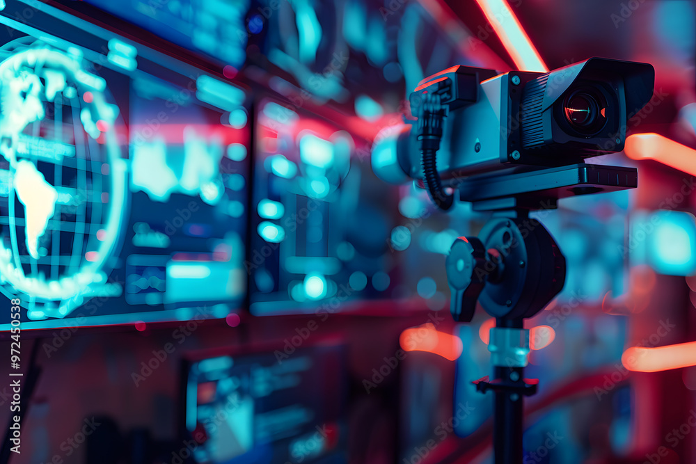 A sleek black camera on a tripod captures a futuristic high-tech setting with vibrant blue and red lighting. A sleek black camera on a tripod captures a futuristic high-tech setting with vibrant blue and red lighting.