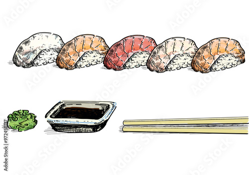 different types nigiri salmon, tuna, sepia, squid, sushi delicious food asian japanees restaurant dish draw linear illustration isolated on white background