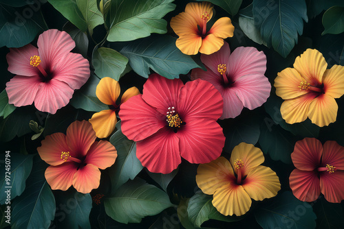 An isometric flat pattern of hibiscus flowers in vibrant reds, pinks, and yellows,