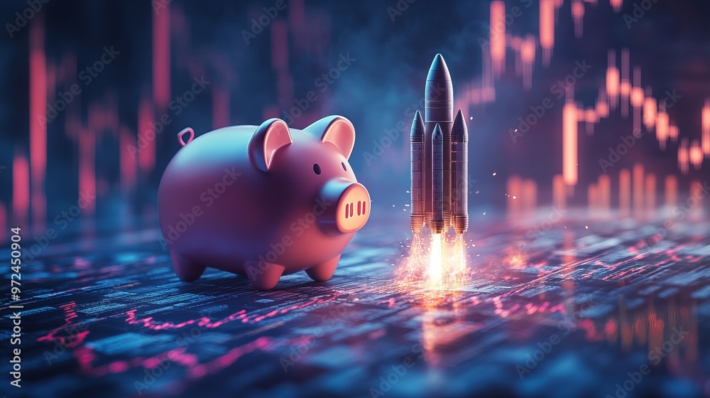 Εκτύπωση καμβά Piggy bank and rocket launch, stock market graphs and money falling
