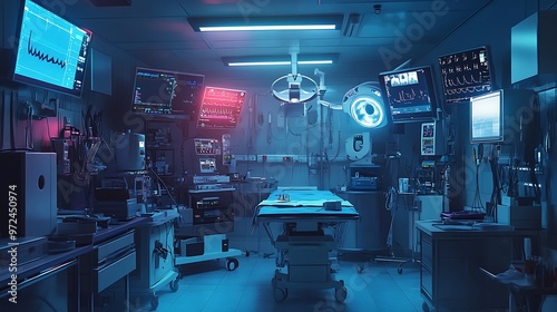 A sterile operating room filled with medical equipment, including surgical tools, heart monitors, and an anesthesia machine