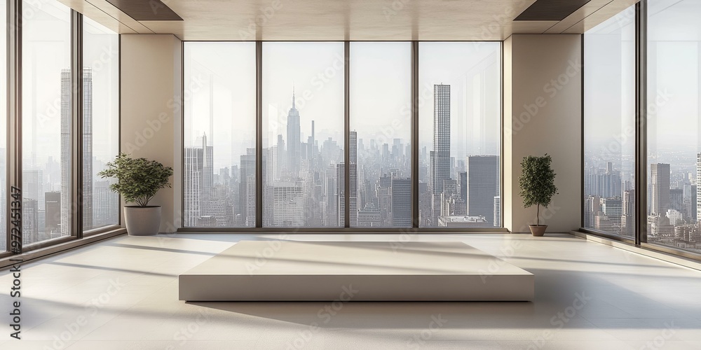 Minimalist room with city view and platform. Minimalist room with city view and platform.