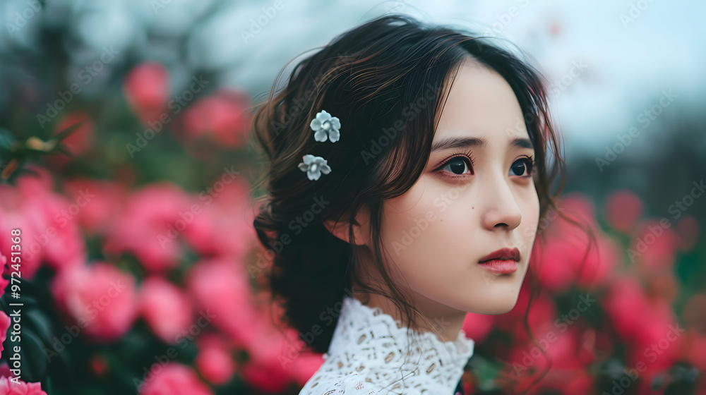 Naklejka premium Young Chinese Model Historic Garden Pavilion