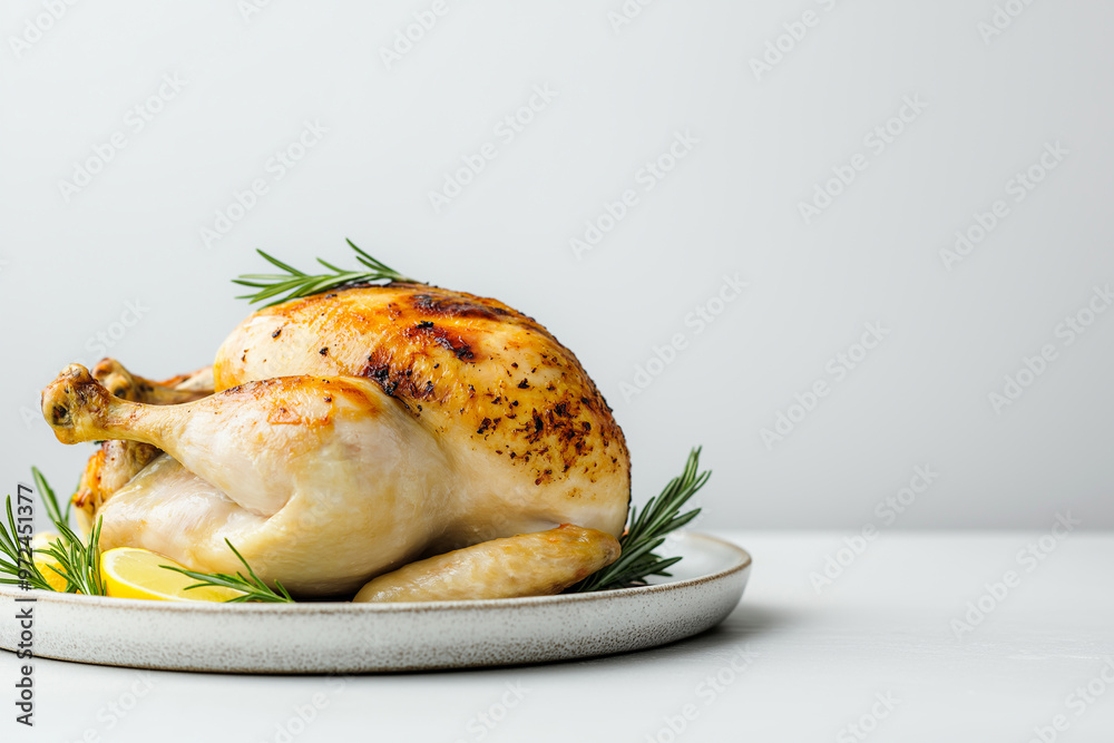 Whole roasted chicken on a serving plate with herbs, copy space. Traditional celebration food. Thanksgiving roast chicken or turkey. Easy roast turkey recipe Whole roasted chicken on a serving plate with herbs, copy space. Traditional celebration food. Thanksgiving roast chicken or turkey. Easy roast turkey recipe