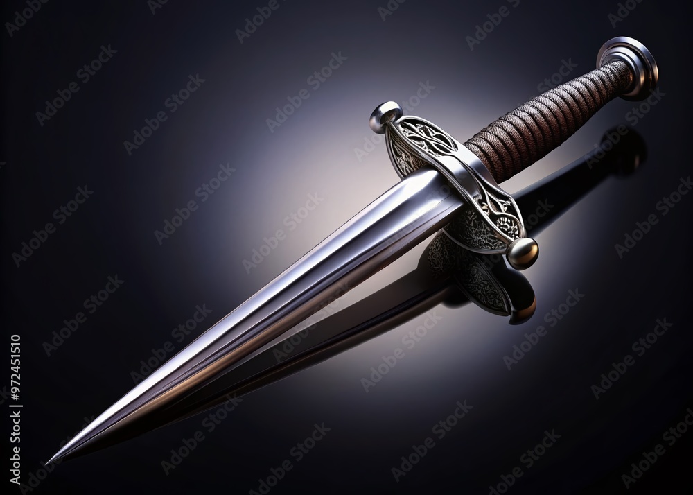 A sleek, silver stiletto dagger with an intricately designed hilt and a razor-sharp blade lies isolated on a A sleek, silver stiletto dagger with an intricately designed hilt and a razor-sharp blade lies isolated on a