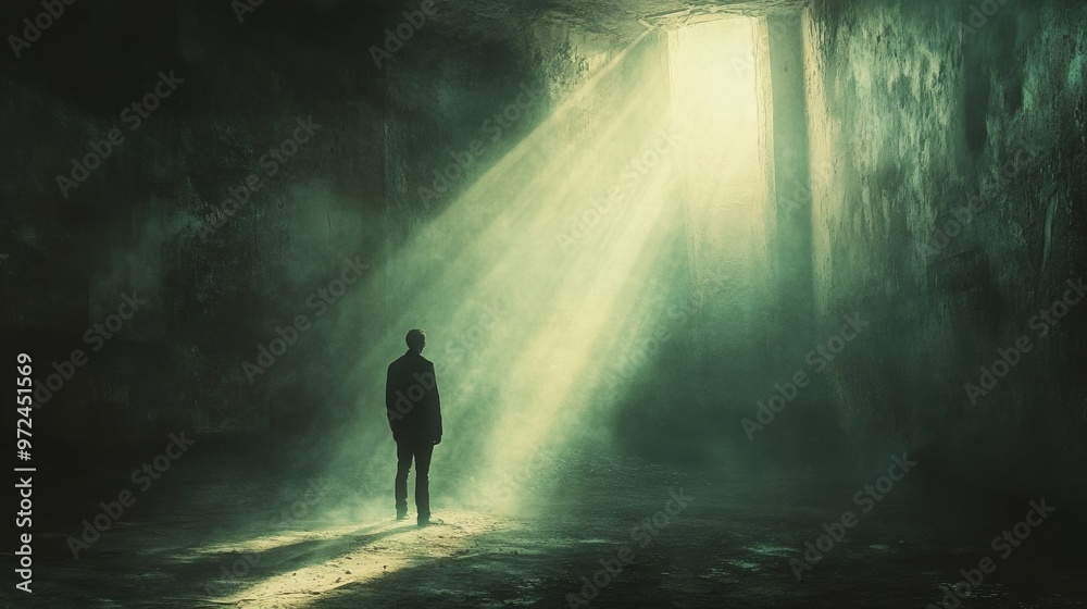 A moody image of a man standing in a dim, atmospheric setting with rays of sunlight streaming in through an open gap, creating a dramatic and introspective ambiance. A moody image of a man standing in a dim, atmospheric setting with rays of sunlight streaming in through an open gap, creating a dramatic and introspective ambiance.