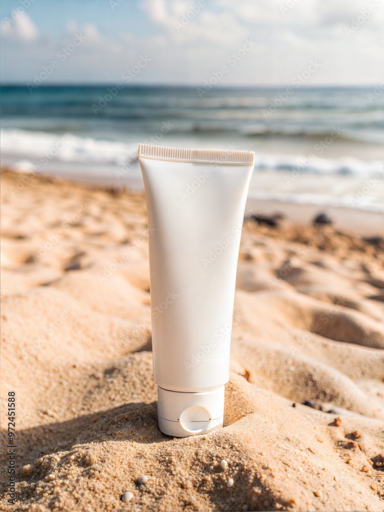 Blank white tube on sand beach background natural sun light mock up hand cream sun cream