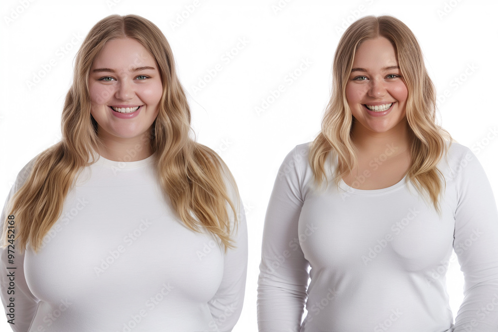 Woman posing before and after weight loss. Diet and healthy nutrition. Fitness results, get fit. Liposuction results, plastic surgery. Transformation from fat to athlete. Overweight and slim, training Woman posing before and after weight loss. Diet and healthy nutrition. Fitness results, get fit. Liposuction results, plastic surgery. Transformation from fat to athlete. Overweight and slim, training
