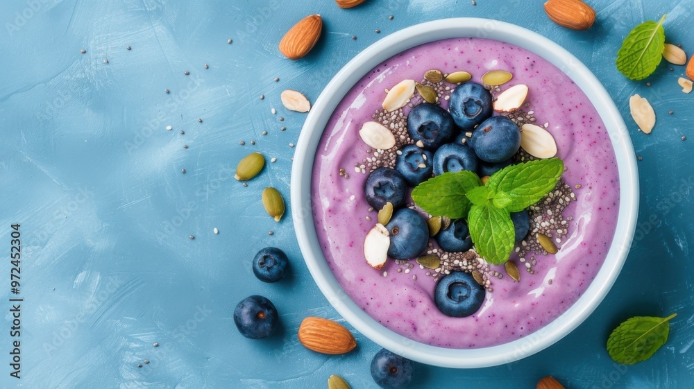 Colorful Blueberry Smoothie Bowl Topped with Fresh Nuts, Seeds, and Mint Leaves for a Healthy and Refreshing Snack Colorful Blueberry Smoothie Bowl Topped with Fresh Nuts, Seeds, and Mint Leaves for a Healthy and Refreshing Snack