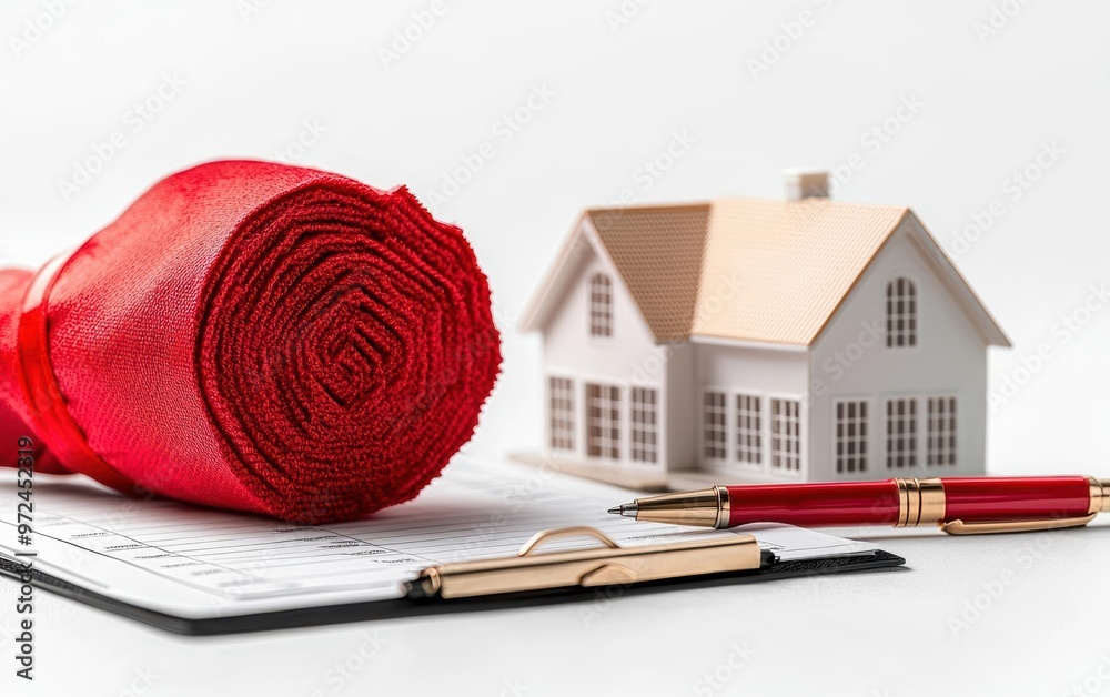Close-up of checklist with red checkmark next to model house and pen on clipboard, representing real estate or home inspection 3D Close-up of checklist with red checkmark next to model house and pen on clipboard, representing real estate or home inspection 3D