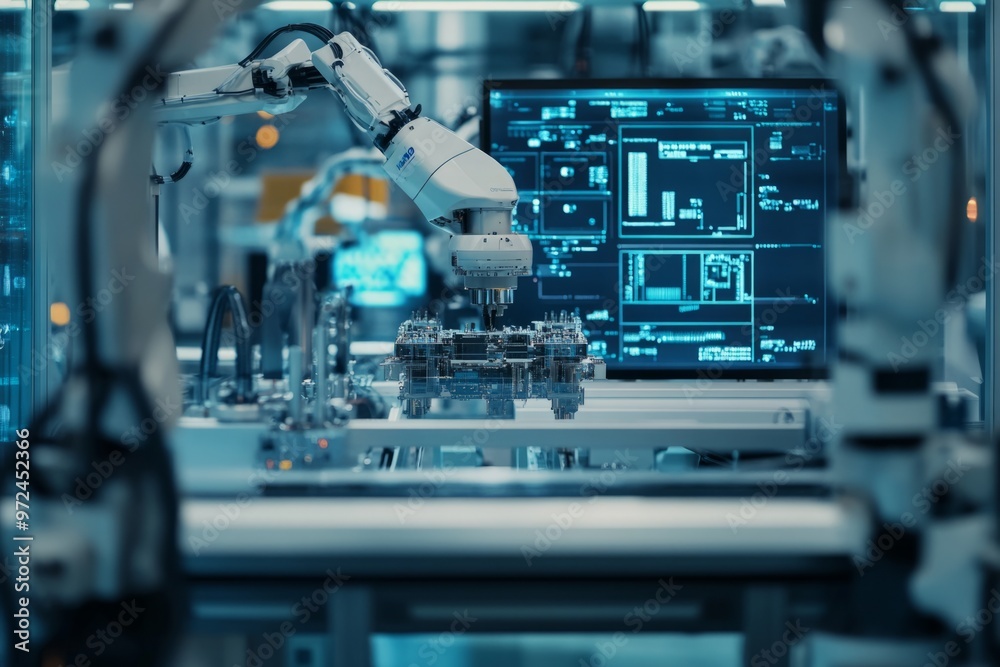An advanced robotic arm works seamlessly in a modern factory setting. The digital display shows real-time data and patterns. This image symbolizes innovation and technology. Generative AI An advanced robotic arm works seamlessly in a modern factory setting. The digital display shows real-time data and patterns. This image symbolizes innovation and technology. Generative AI