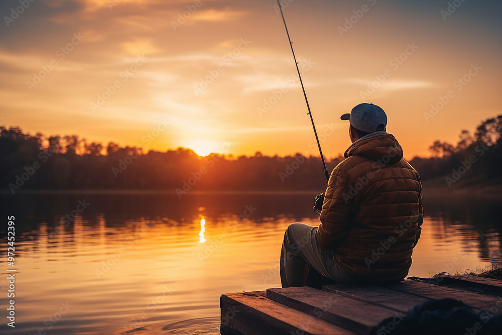Created with generative ai photo of young man fishing in lake Created with generative ai photo of young man fishing in lake