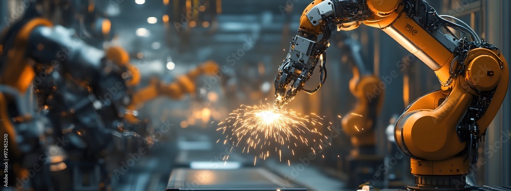 A group of robotic arms welding and repairing pouches on a production line in the background