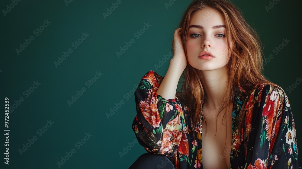 Photo of lovely cute pretty woman wear trendy print clothes empty space Photo of lovely cute pretty woman wear trendy print clothes empty space