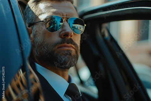 Serious and ready professional bodyguards in suits generative AI technology