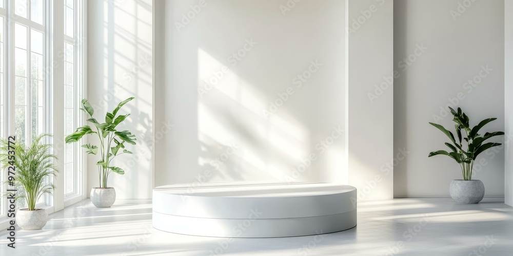 White room with a round pedestal and plants. White room with a round pedestal and plants.