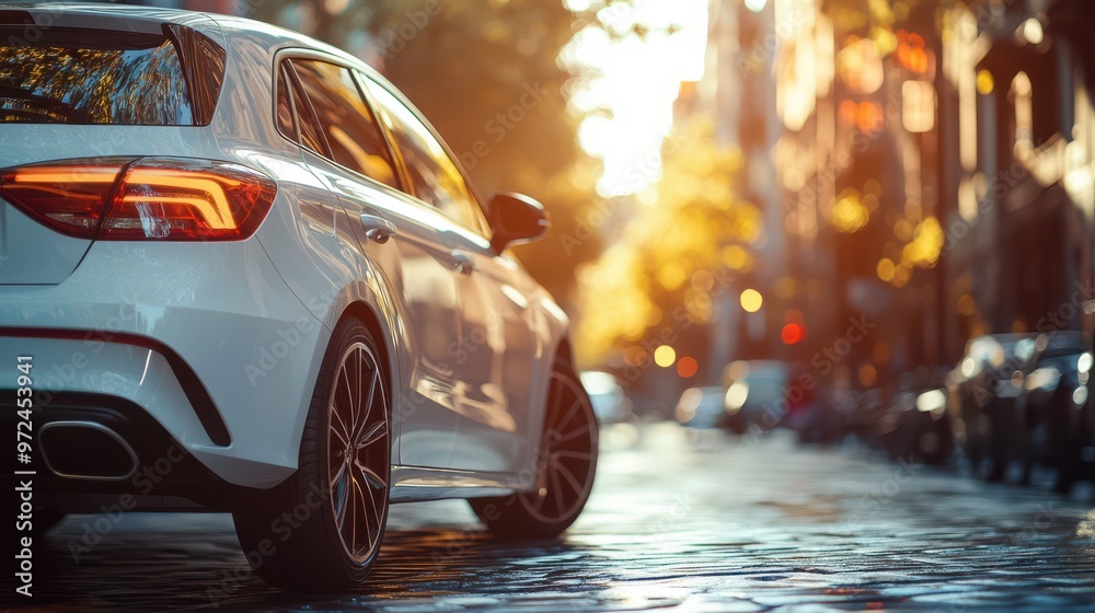 A sleek white car parked on a sunlit cobblestone street surrounded by autumn foliage in the city A sleek white car parked on a sunlit cobblestone street surrounded by autumn foliage in the city