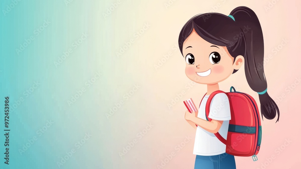 A cute little girl in a school backpack. Schoolgirl in cartoon style. Illustration with copy space. A cute little girl in a school backpack. Schoolgirl in cartoon style. Illustration with copy space.