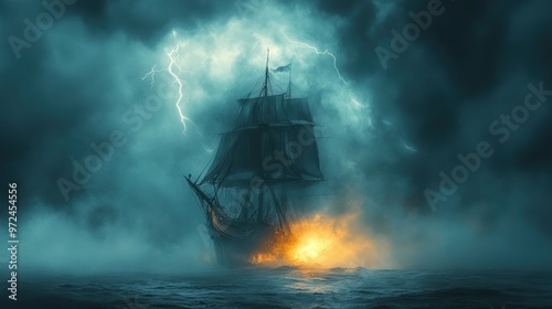 A haunting ghost ship emerges from the fog, illuminated by eerie lightning and fire, conjuring legends of the sea's troubled spirits and lost treasure beneath turbulent skies.