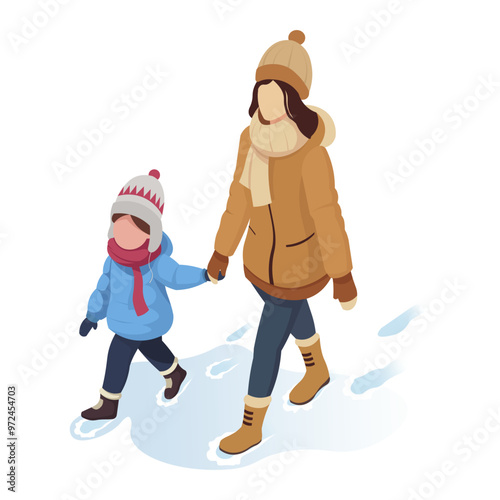 Mother and child walking on a snowy path dressed in winter outfits. Isometric style on white background. Concept of family and winter activities. Vector illustration