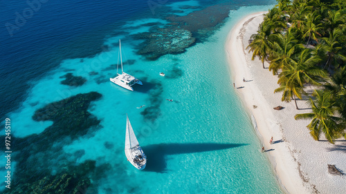 motor boats anchor at the crystal clear blue riff at he tropical island with sandy beach and palm trees