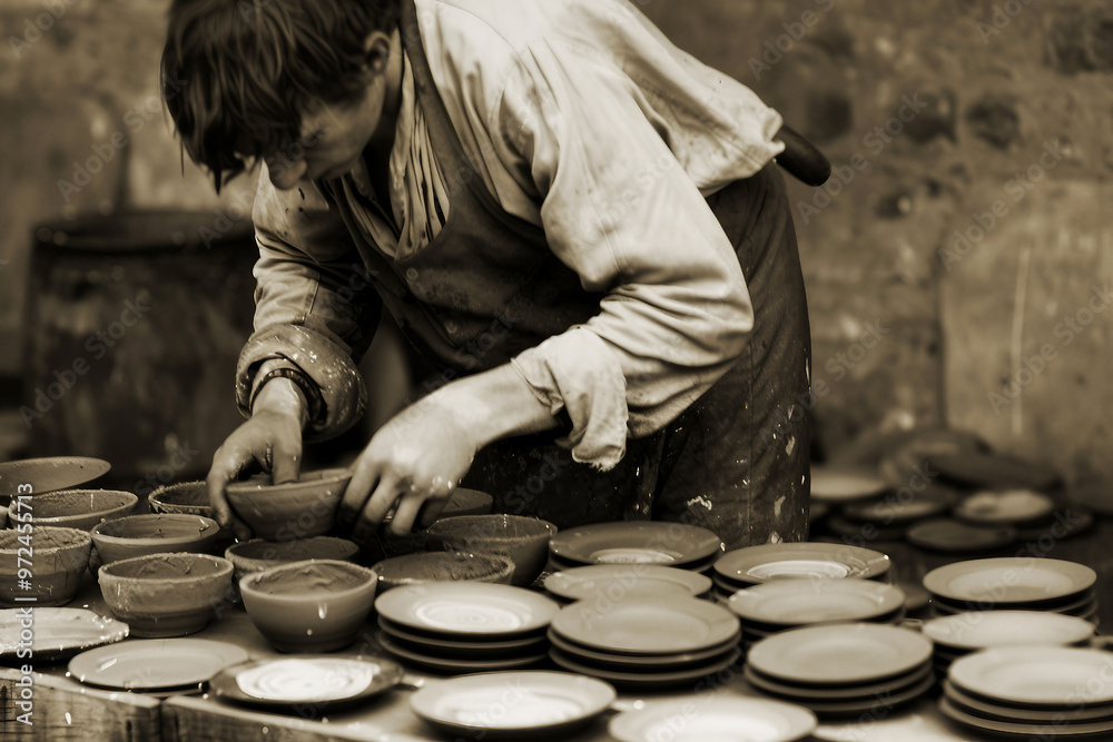 Generative AI photo craftsman shaping clay pot on spinning wheel in pottery studio surrounded by ceramic pieces Generative AI photo craftsman shaping clay pot on spinning wheel in pottery studio surrounded by ceramic pieces