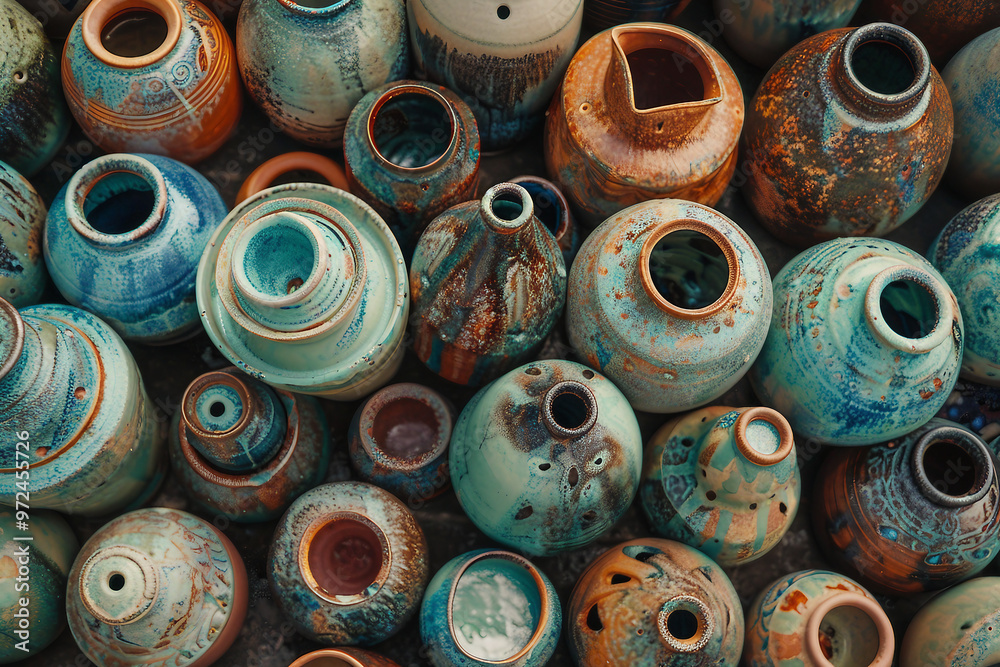 Fototapeta premium Generative AI photo craftsman shaping clay pot on spinning wheel in pottery studio surrounded by ceramic pieces