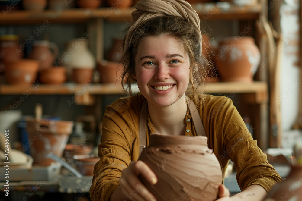 Generative AI photo craftsman shaping clay pot on spinning wheel in pottery studio surrounded by ceramic pieces Generative AI photo craftsman shaping clay pot on spinning wheel in pottery studio surrounded by ceramic pieces