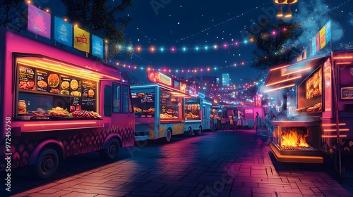 A lively summer festival, food trucks lined up with colorful banners, grills smoking with assorted meats, upbeat music in the background, vibrant neon lighting, Pop Art style, vivid colors