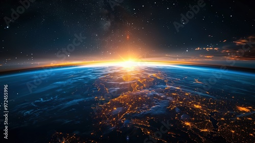 Panoramic view of Earth, stars and galaxy. Planet Earth, view from space. Space fantasy. Blue planet Earth in space. Globe in space. Earth sphere. Sunlight with stars in space