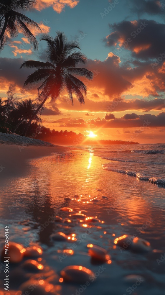 Golden sunset reflecting on tranquil beach waters with palm trees swaying gently in the breeze Golden sunset reflecting on tranquil beach waters with palm trees swaying gently in the breeze