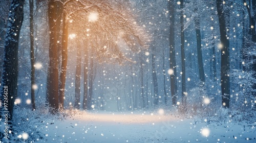 Enchanting winter forest scene with gentle snowfall, capturing the magic of a fairytale landscape