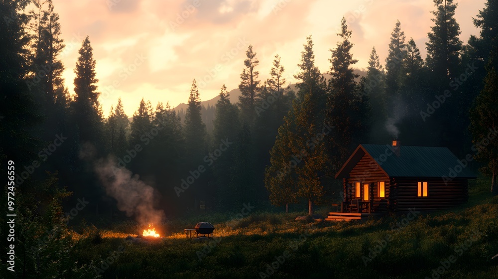 A rustic log cabin in a serene forest, with a smoking charcoal grill beside a fire pit, surrounded by tall pine trees, watercolor style, soft color palette, evening light, tranquil atmosphere A rustic log cabin in a serene forest, with a smoking charcoal grill beside a fire pit, surrounded by tall pine trees, watercolor style, soft color palette, evening light, tranquil atmosphere